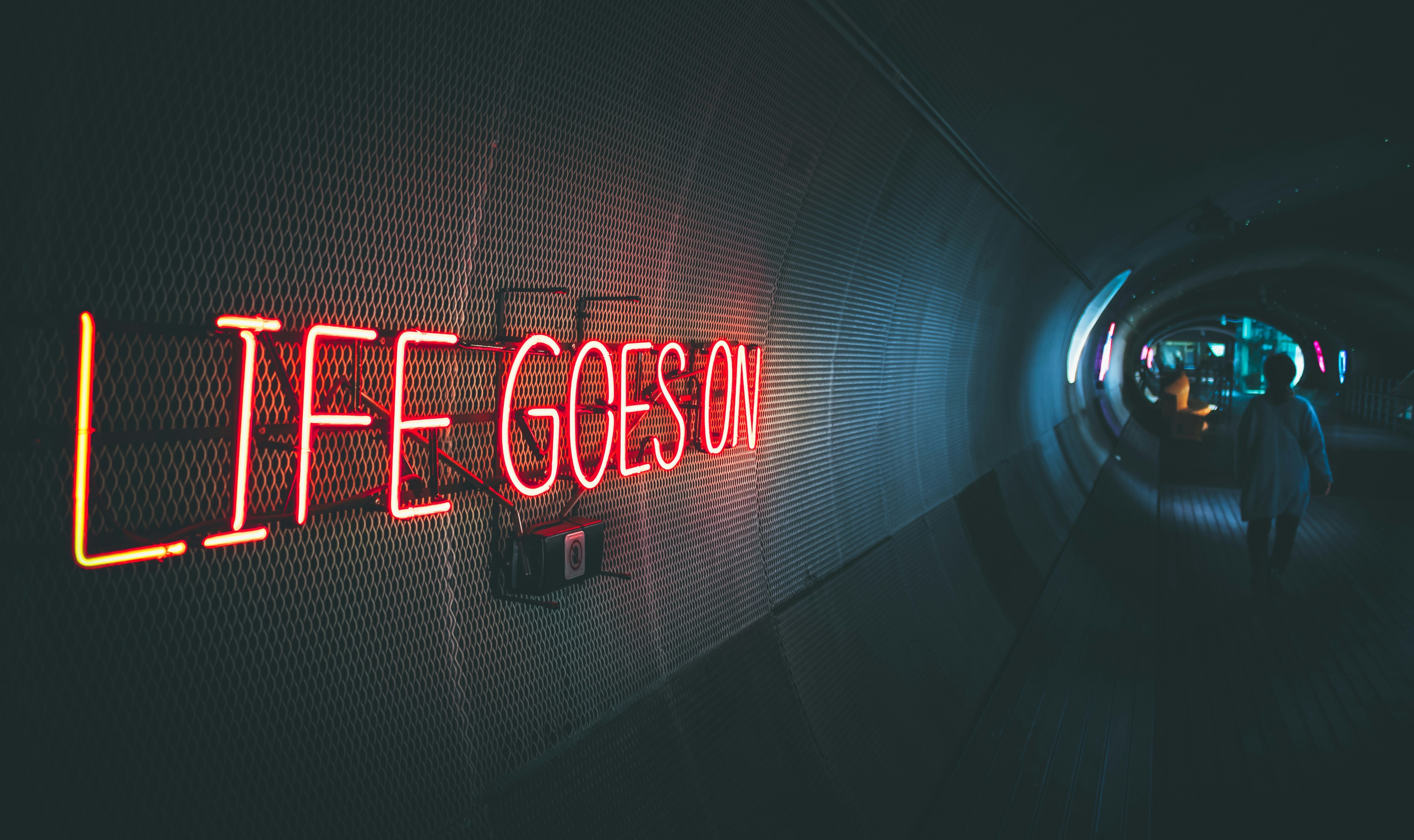 a neon sign that reads life goes on